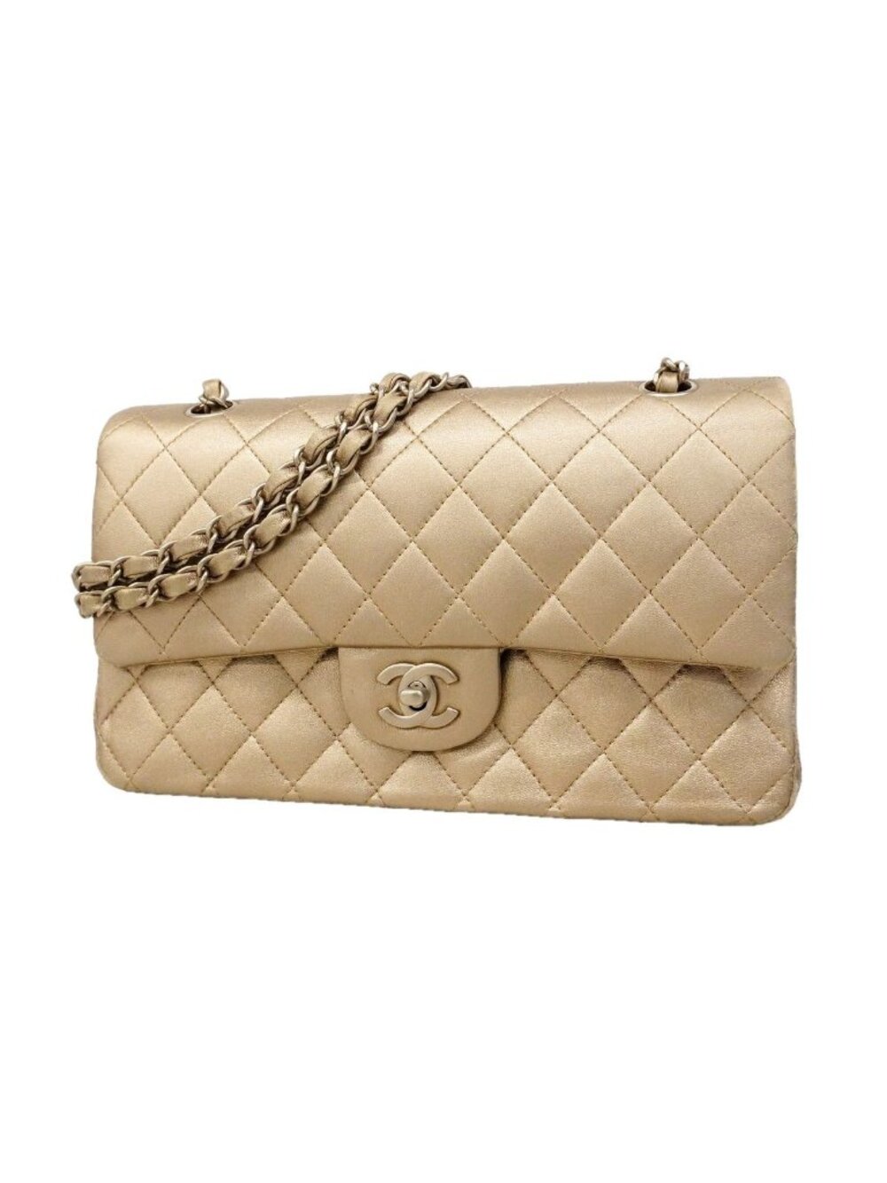 Chanel Shoulder Bag Quilted Lambskin Champagne Gold Silver